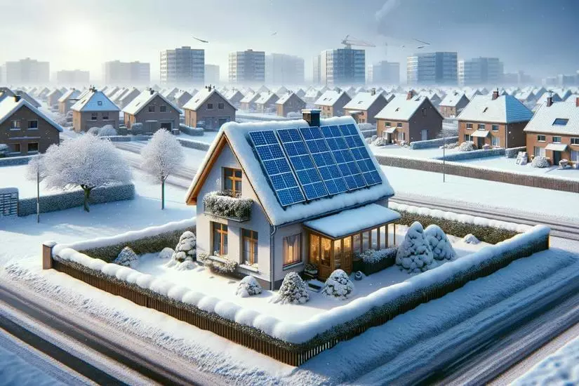 Huis met zonnepanelen in sneeuw